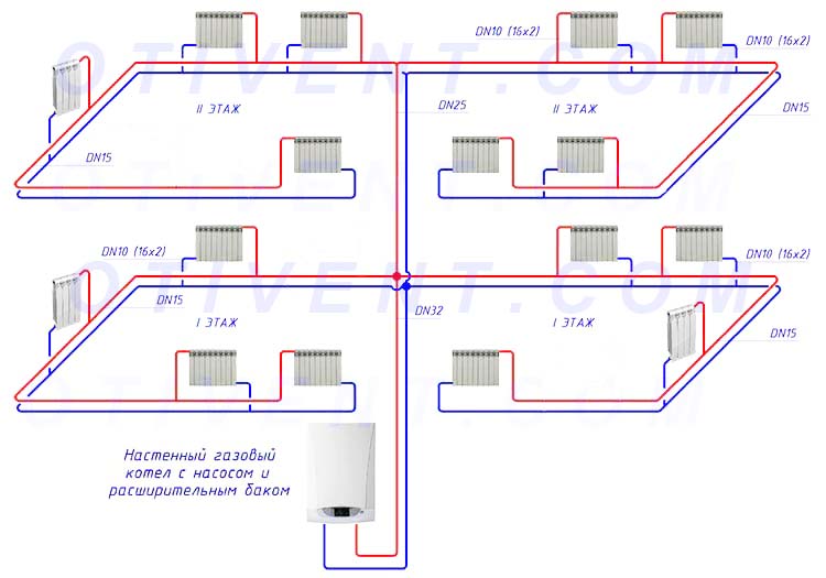 Тупиковое водяное отопление двухэтажного здания